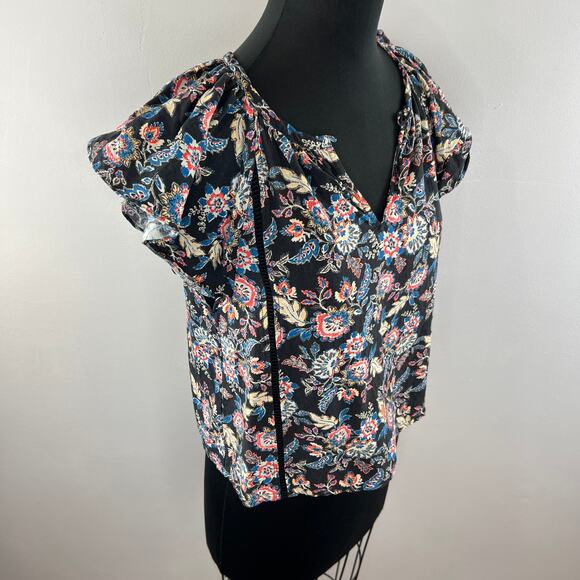 Roan + Ryan Black Multi Floral Paisley V-Neck Ladder Lace Flutter Sleeve Top XS - Picture 3 of 8